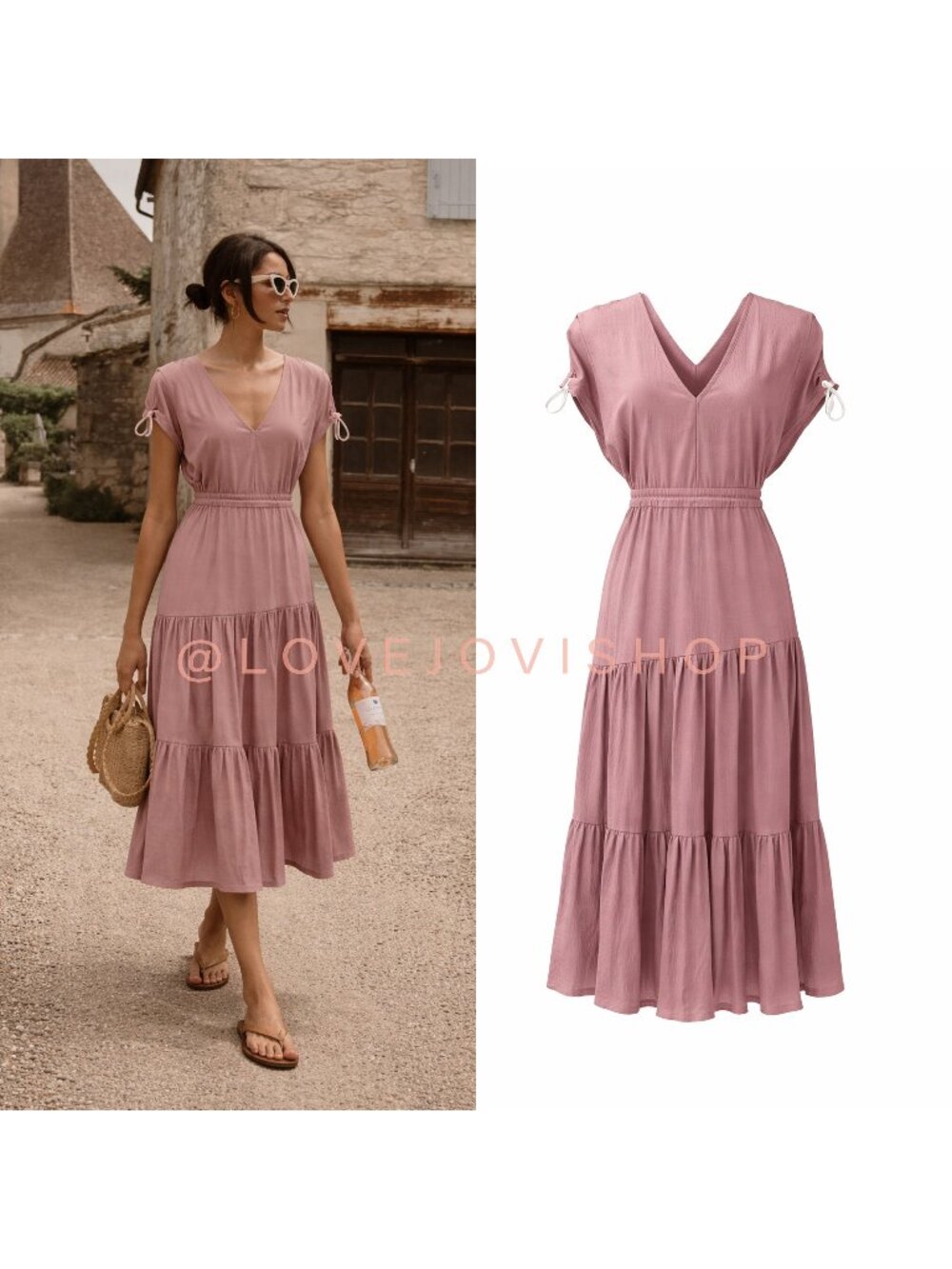 Romantic Boho | Pinch Brand Drawstring Waist & Sleeve Mauve Tiered Maxi Dress XL